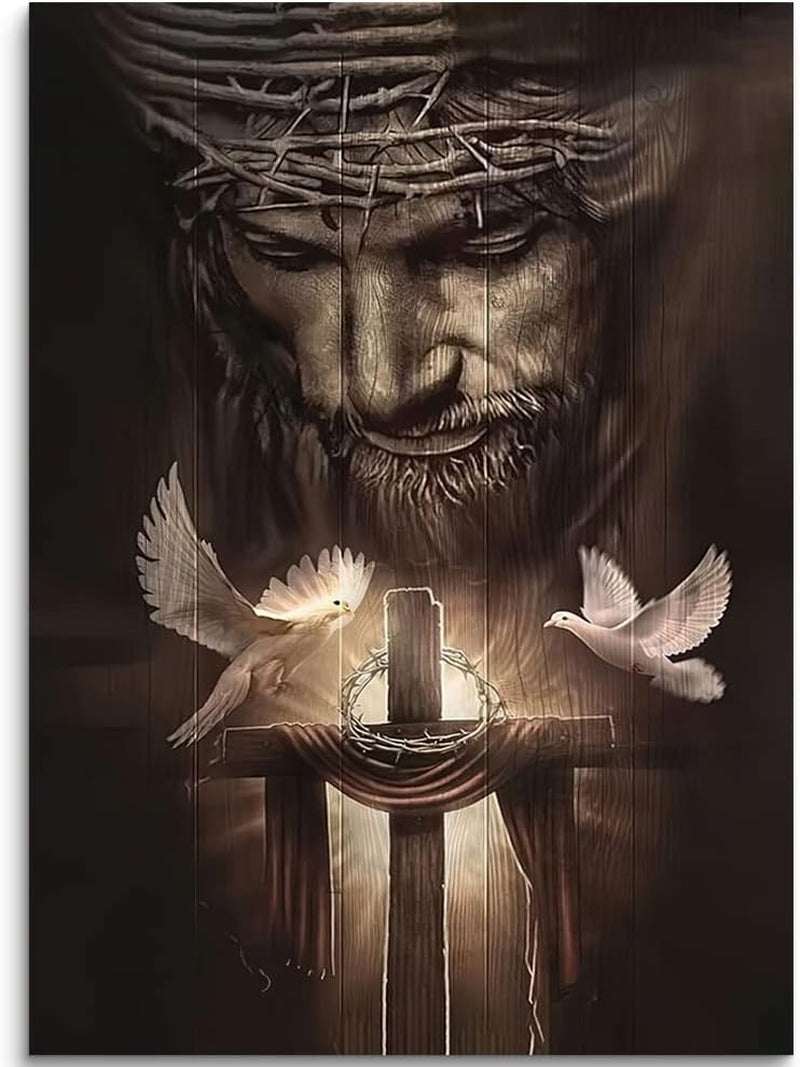 Christian Jesus Lion Canvas Wall Art Jesus and the Cross and the Dove of Peace Wall Decor Jesus Artwork Christian Wall Art Picture of God Posters for Room Churches Ready to Hang 12X16 Inch