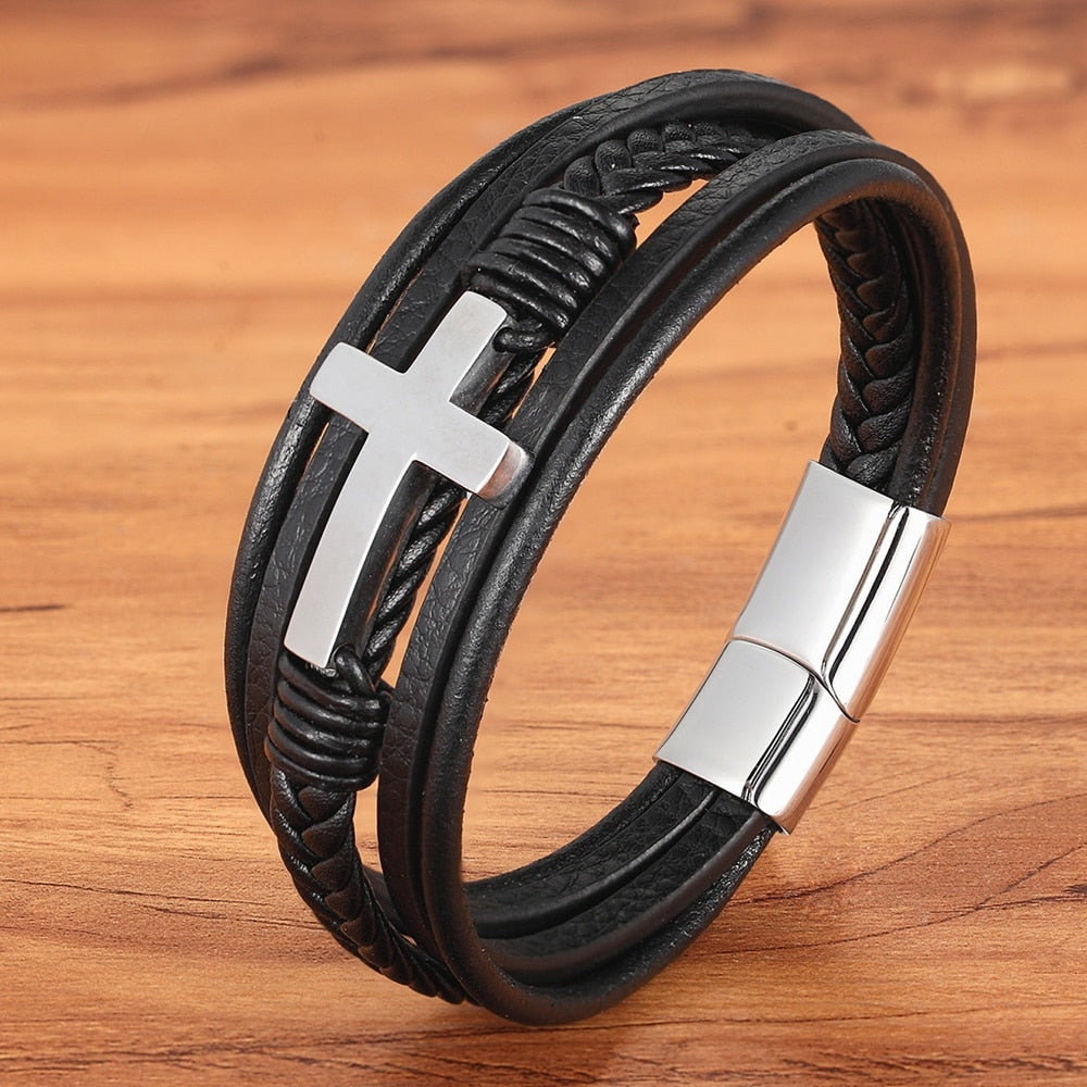 Black Leather Cross Bracelet