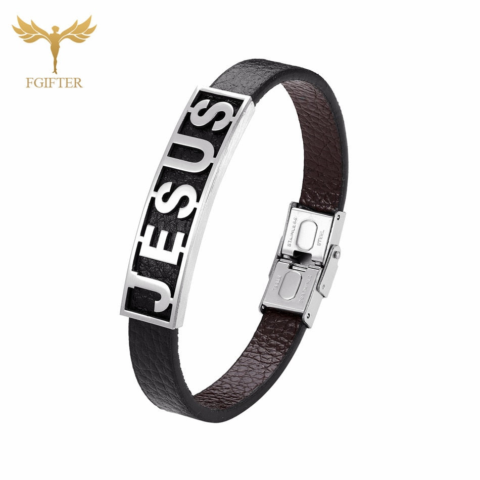 Jesus Stainless Steel Leather Cuff - Jesus Christ Heals