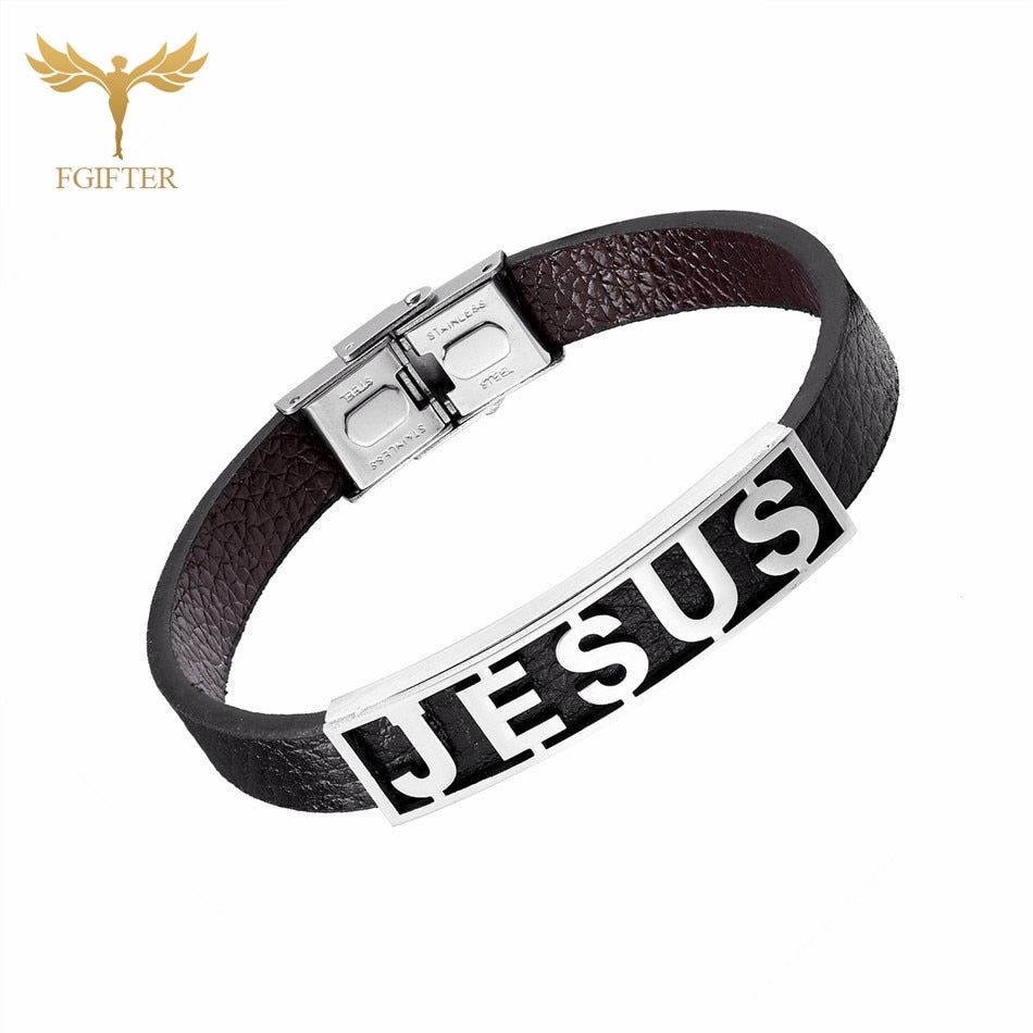 Jesus Stainless Steel Leather Cuff - Jesus Christ Heals