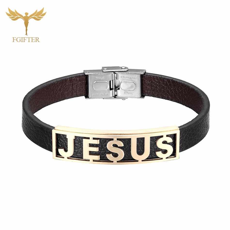 Jesus Stainless Steel Leather Cuff - Jesus Christ Heals