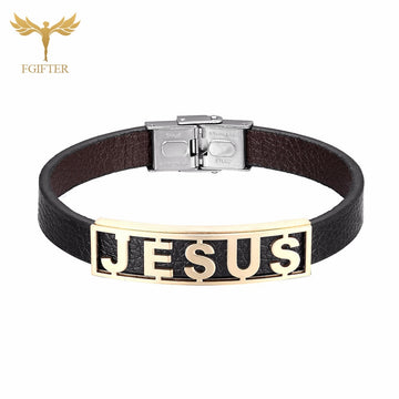 Jesus Stainless Steel Leather Cuff