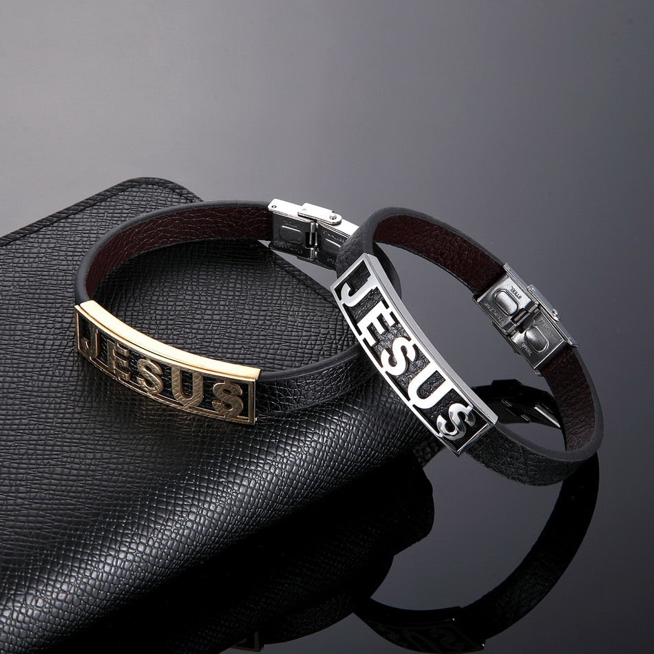 Jesus Stainless Steel Leather Cuff - Jesus Christ Heals