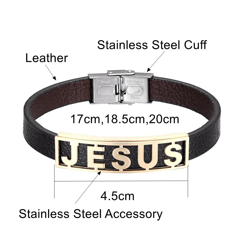 Jesus Stainless Steel Leather Cuff - Jesus Christ Heals