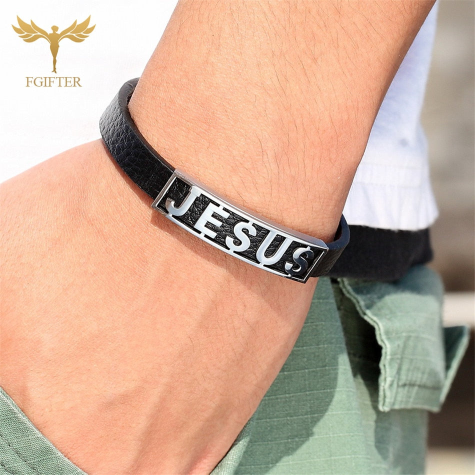 Jesus Stainless Steel Leather Cuff - Jesus Christ Heals