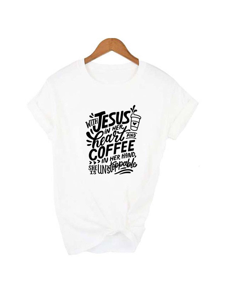 With Jesus In Her Heart and Coffee In Her Hand T-shirt - Jesus Christ Heals