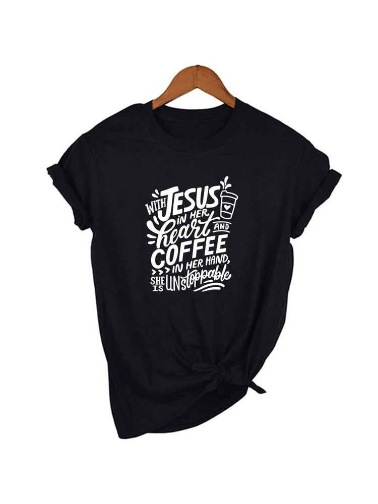 With Jesus In Her Heart and Coffee In Her Hand T-shirt - Jesus Christ Heals