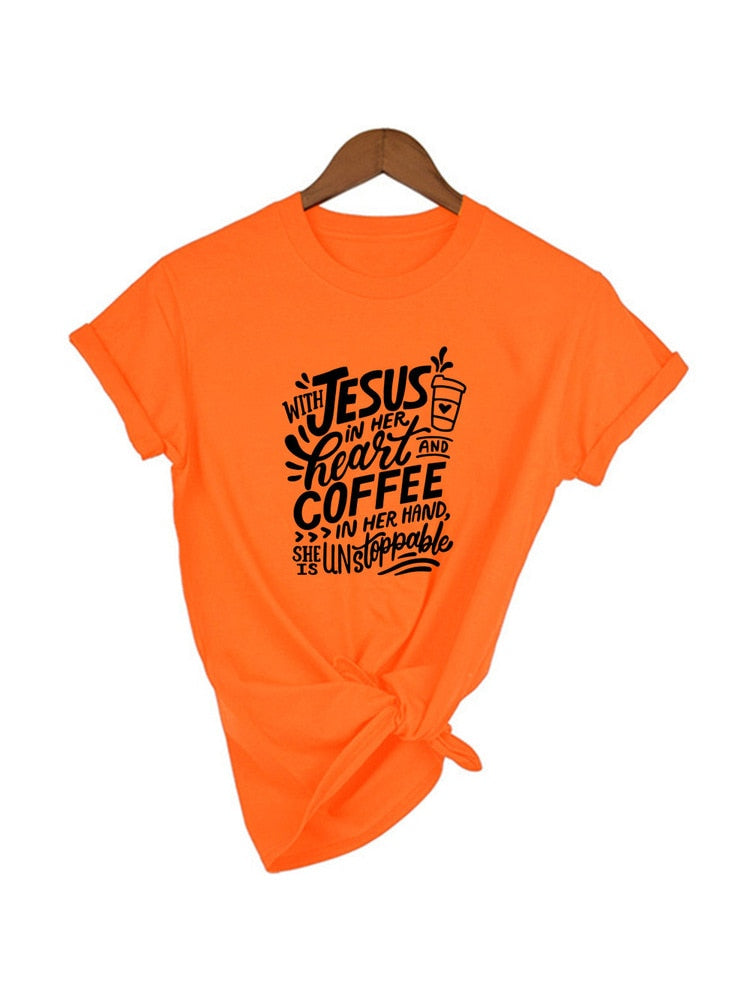 With Jesus In Her Heart and Coffee In Her Hand T-shirt - Jesus Christ Heals